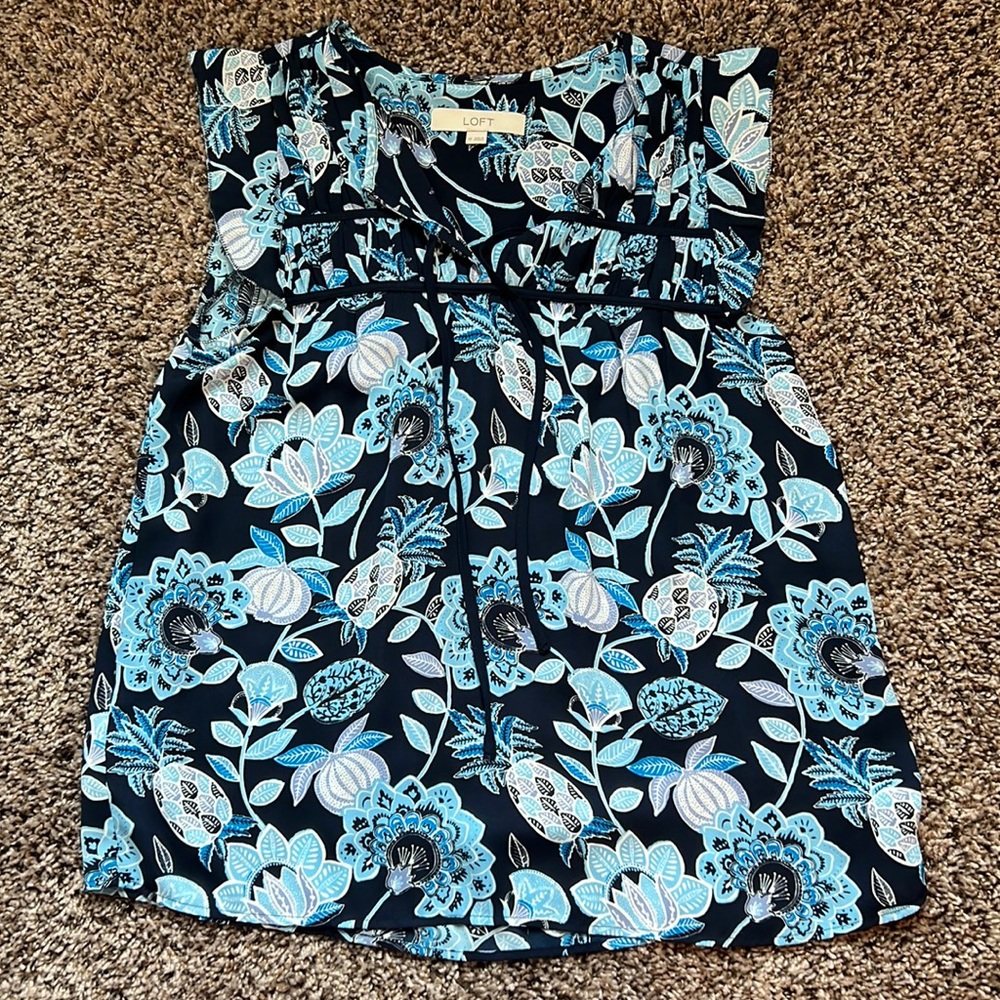 Loft Pineapple Dream Smocked Pleated  Tie Neck Sleeveless Shell